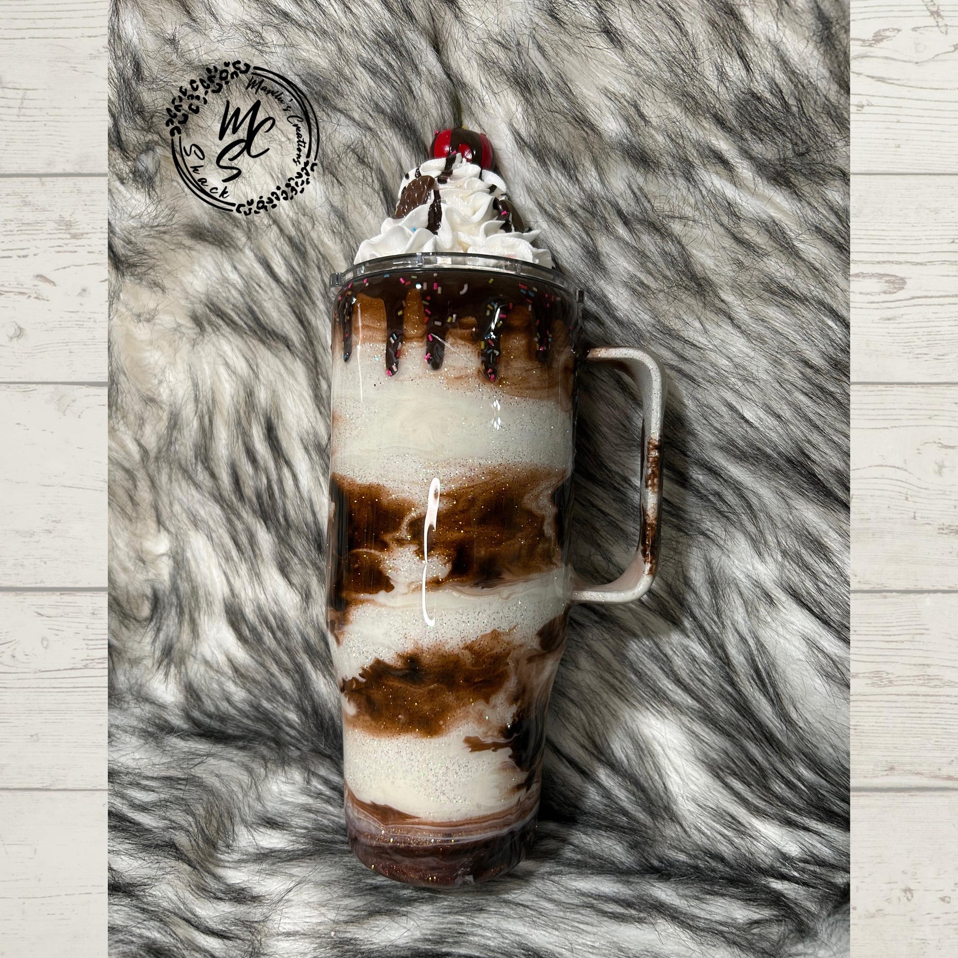 Chocolate Mocha tumbler Mama needs her coffee with 3d realistic cherry top whipped cream removable topper, chocolate drizzle and dripping.