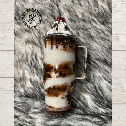 Chocolate Mocha tumbler Mama needs her coffee with 3d realistic cherry top whipped cream removable topper, chocolate drizzle and dripping.