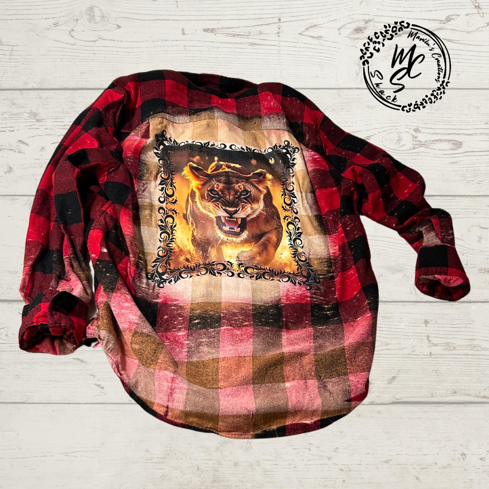 Lion Shirt, Flannel with a Lioness Graphic Shirt, Bleached Distressed Shirt, Red and Black Flannel Shirt, Long Sleeve Shirt