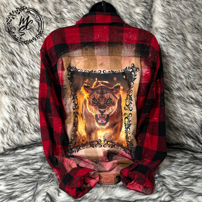 Lion Shirt, Flannel with a Lioness Graphic Shirt, Bleached Distressed Shirt, Red and Black Flannel Shirt, Long Sleeve Shirt