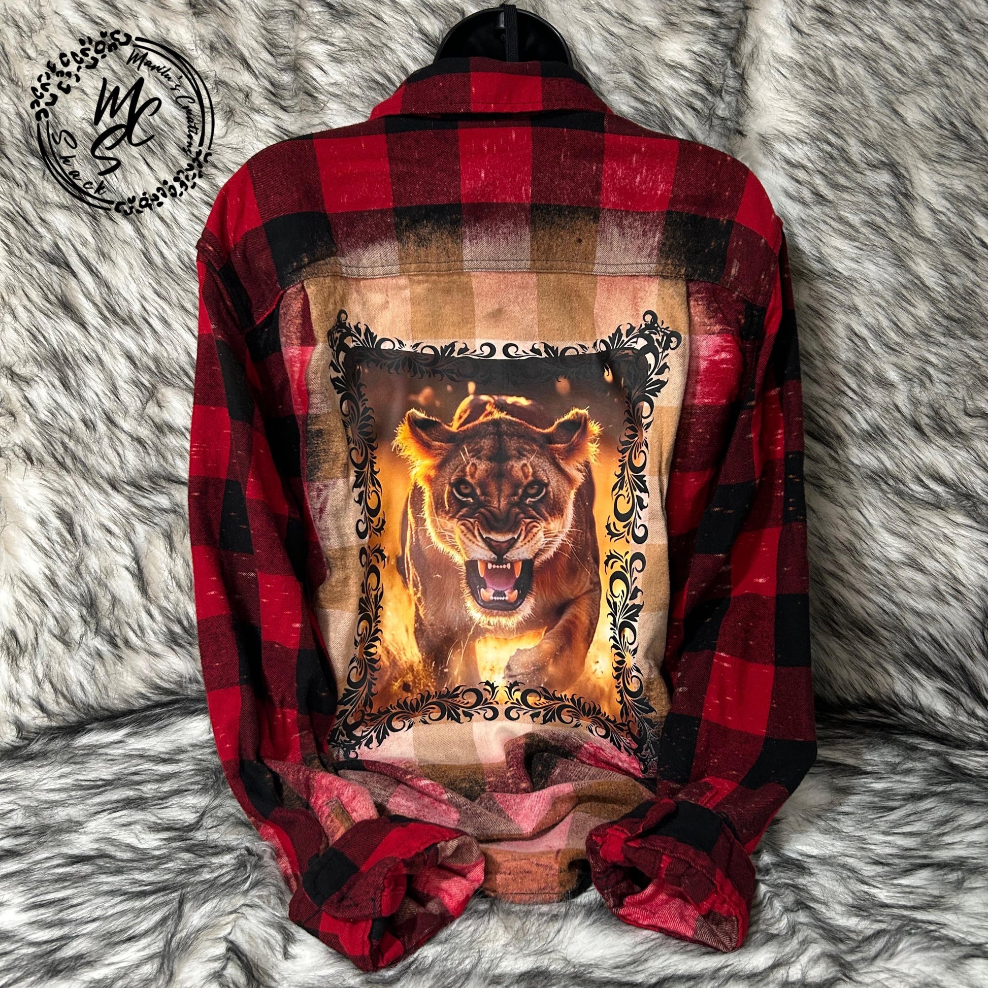 Lioness Graphic Flannel Shirt: Bleached Distressed Red & Black Plaid