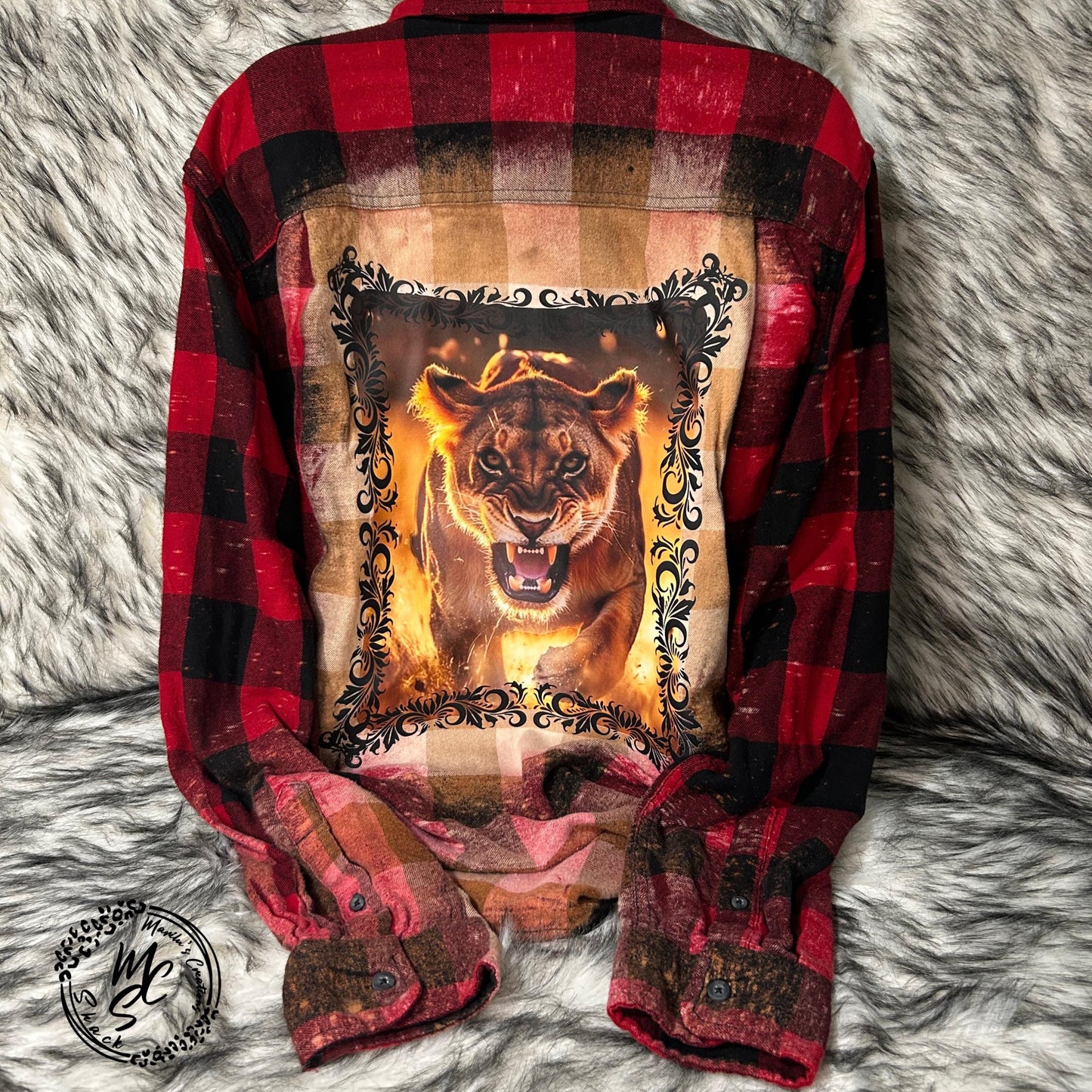 Lion Shirt, Flannel with a Lioness Graphic Shirt, Bleached Distressed Shirt, Red and Black Flannel Shirt, Long Sleeve Shirt