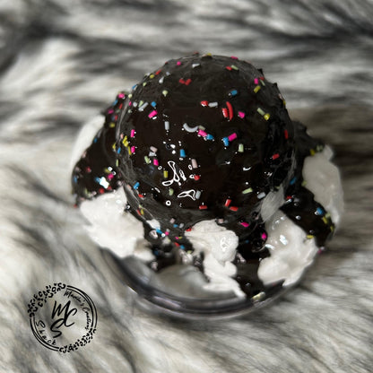 Ice cream with chocolate and sprinkles removable topper and lid for different size tumblers. Faux topper replacement lid. Tumbler top