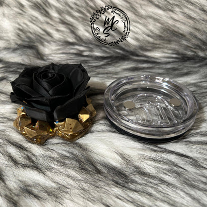 Black Rose removable topper and lid for different size tumblers. Rose Flower Black and Gold topper replacement lid. Faux Tumbler top
