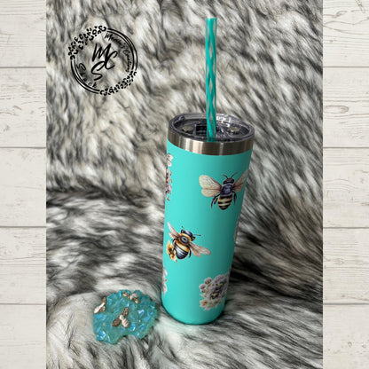 Bees and Flowers on a turquoise/teal Tumbler w/ removable 3D Bees charms Topper. Ready to ship 20oz Straight Skinny Tumbler with Teal Straw.