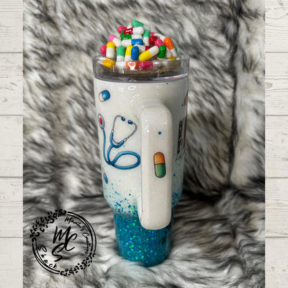 Medical Technician tumbler with 3D fake pills removable topper, white and teal glitter Med Tech Cup. Bottom glitter color can be changed.