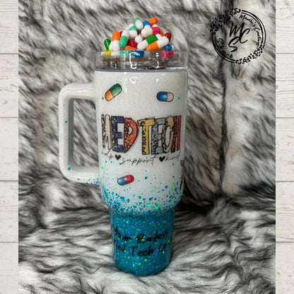 Medical Technician tumbler with 3D fake pills removable topper, white and teal glitter Med Tech Cup. Bottom glitter color can be changed.