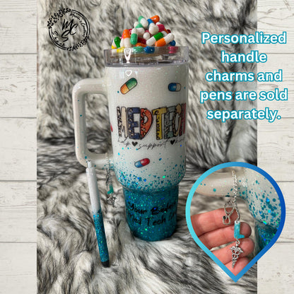 Medical Technician tumbler with 3D fake pills removable topper, white and teal glitter Med Tech Cup. Bottom glitter color can be changed.