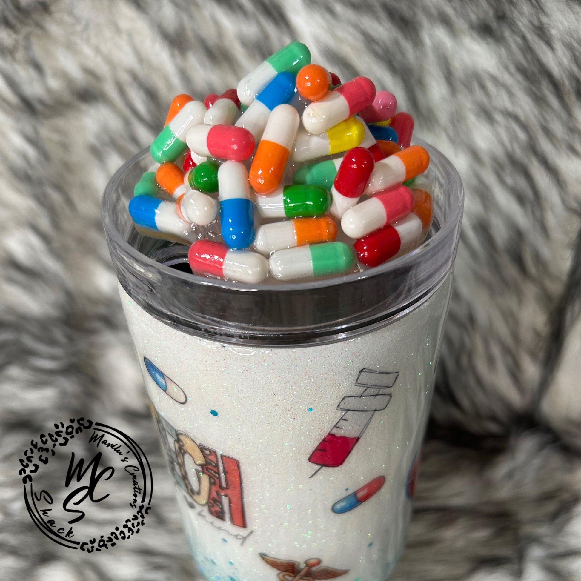 Medical Technician tumbler with 3D fake pills removable topper, white and teal glitter Med Tech Cup. Bottom glitter color can be changed.