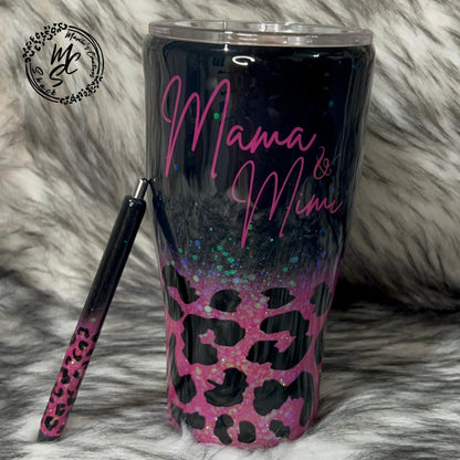 Black and Hot Pink glitter Leopard print personalized tumbler, option to get it with a matching pen. Personalized/Custom Pink Text