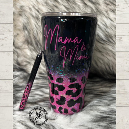 Black and Hot Pink glitter Leopard print personalized tumbler, option to get it with a matching pen. Personalized/Custom Pink Text