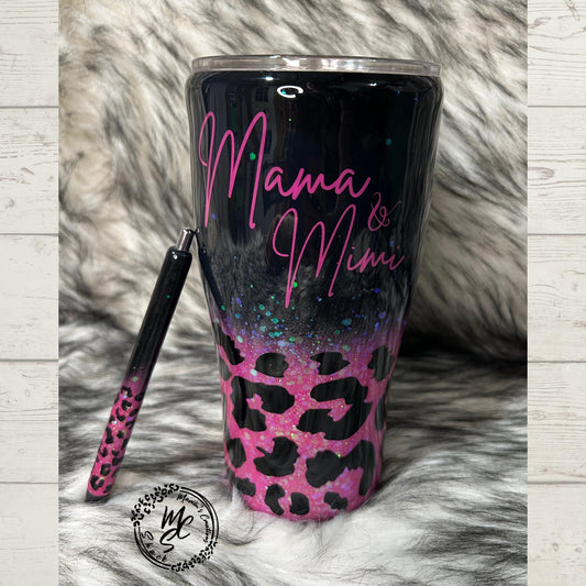 Pink and Black Leopard Tumbler, Pink Glitter Tumbler, Custom Name Tumbler, Stainless Steel Tumbler and Pen, Tumbler with Straw