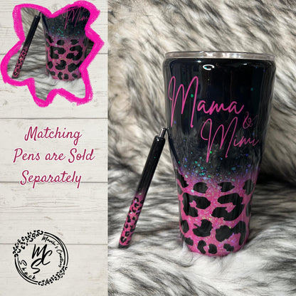 Black and Hot Pink glitter Leopard print personalized tumbler, option to get it with a matching pen. Personalized/Custom Pink Text