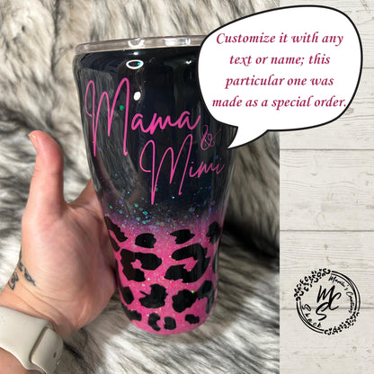 Black and Hot Pink glitter Leopard print personalized tumbler, option to get it with a matching pen. Personalized/Custom Pink Text
