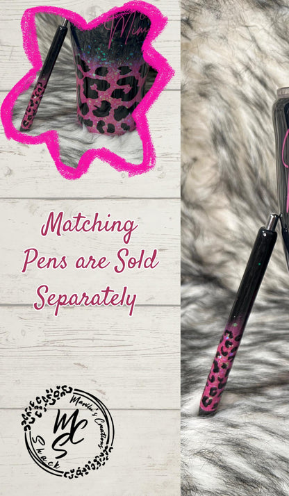 Black and Hot Pink glitter Leopard print personalized tumbler, option to get it with a matching pen. Personalized/Custom Pink Text