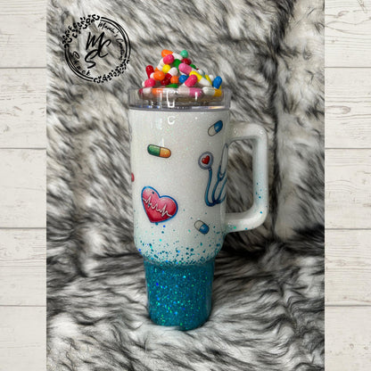 Medical Technician tumbler with 3D fake pills removable topper, white and teal glitter Med Tech Cup. Bottom glitter color can be changed.