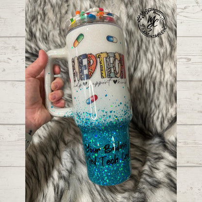 Medical Technician tumbler with 3D fake pills removable topper, white and teal glitter Med Tech Cup. Bottom glitter color can be changed.