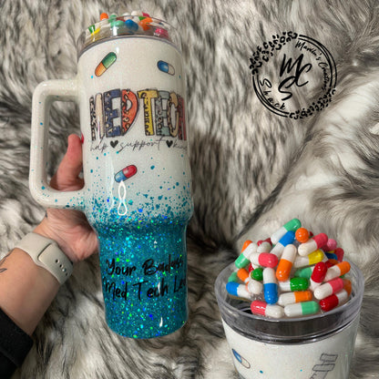 Medical Technician tumbler with 3D fake pills removable topper, white and teal glitter Med Tech Cup. Bottom glitter color can be changed.