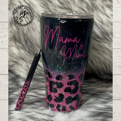 Black and Hot Pink glitter Leopard print personalized tumbler, option to get it with a matching pen. Personalized/Custom Pink Text