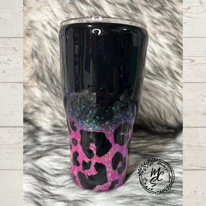 Black and Hot Pink glitter Leopard print personalized tumbler, option to get it with a matching pen. Personalized/Custom Pink Text