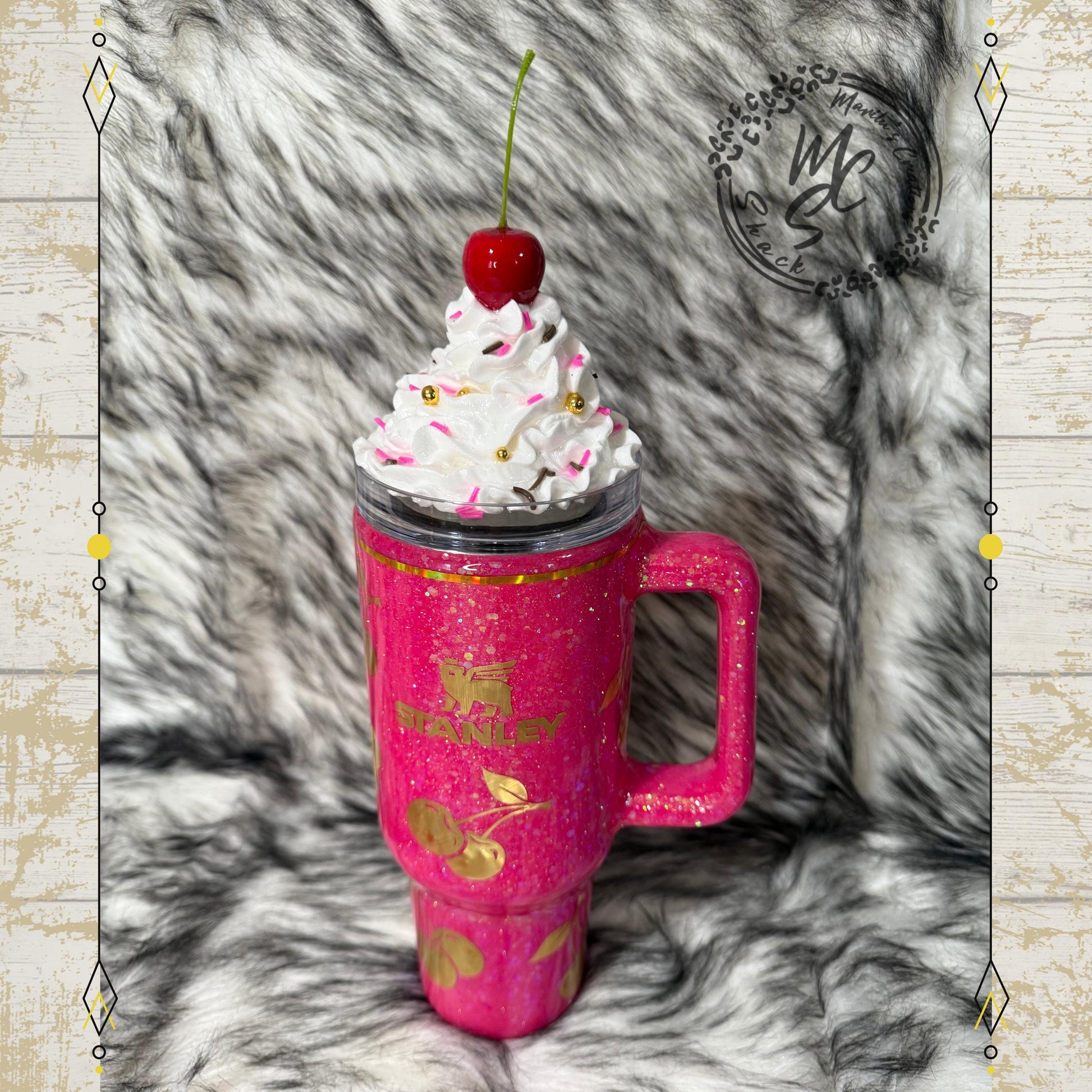 Cherry Tumbler with hot pink glitter background, Gold Cherries and whipped cream removable topper, personalized tumbler. Made to order cup.