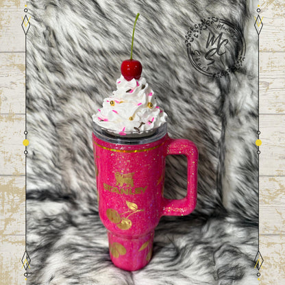 Cherry Tumbler with hot pink glitter background, Gold Cherries and whipped cream removable topper, personalized tumbler. Made to order cup.