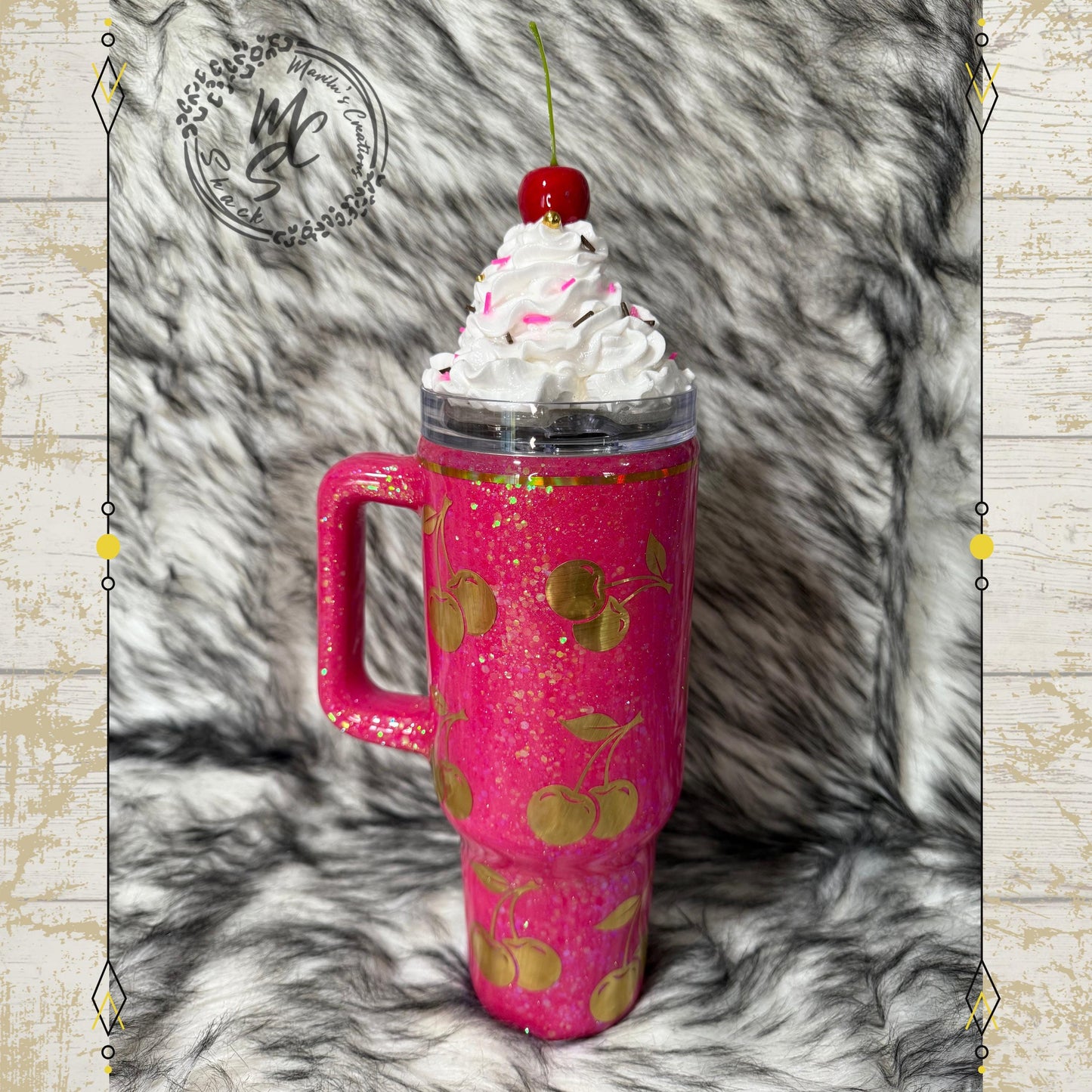 Cherry Tumbler with hot pink glitter background, Gold Cherries and whipped cream removable topper, personalized tumbler. Made to order cup.
