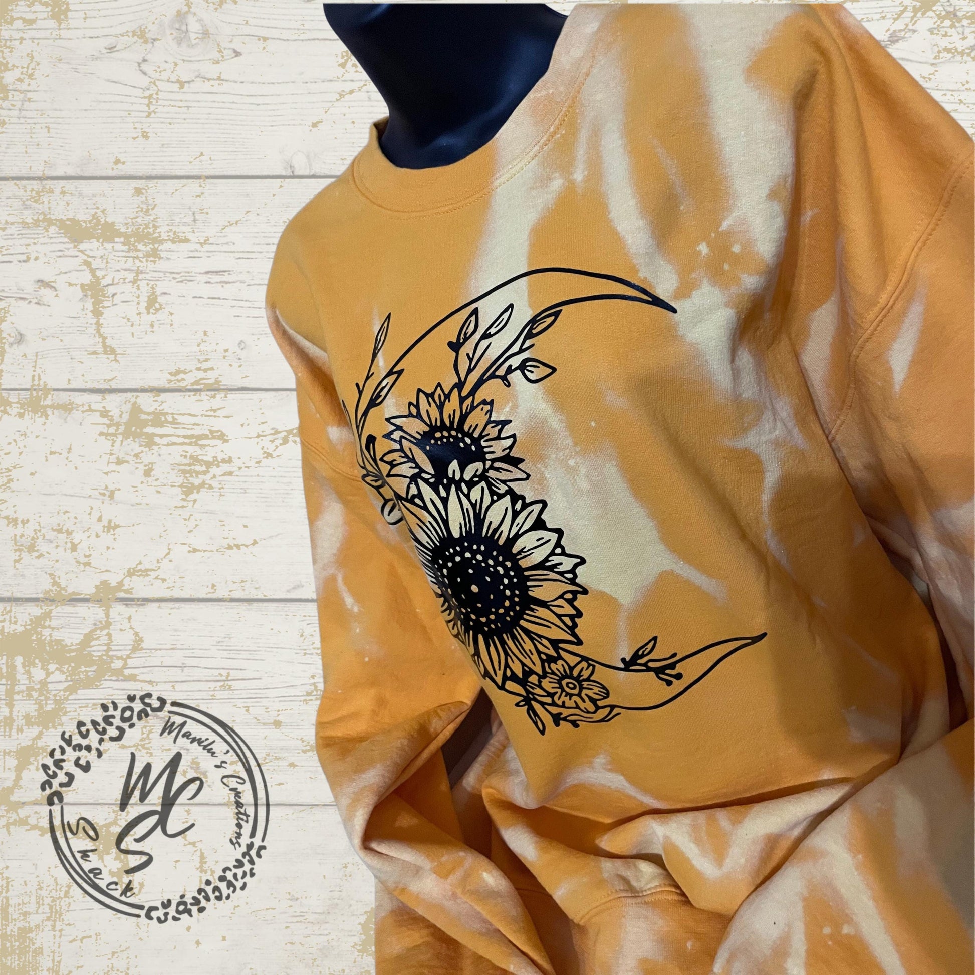 Moon and Sunflower bleached/distressed sweater sweatshirt, yellow top with black design.