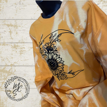 Moon and Sunflower bleached/distressed sweater sweatshirt, yellow top with black design.