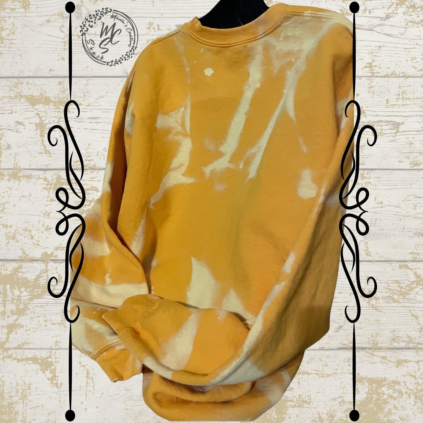 Moon and Sunflower bleached/distressed sweater sweatshirt, yellow top with black design.