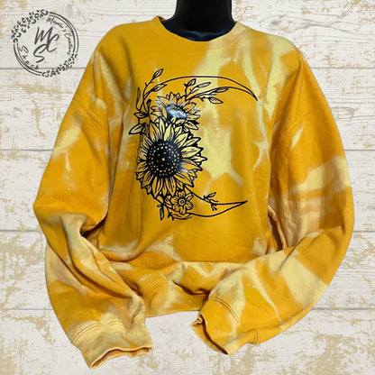 Moon and Sunflower bleached/distressed sweater sweatshirt, yellow top with black design.