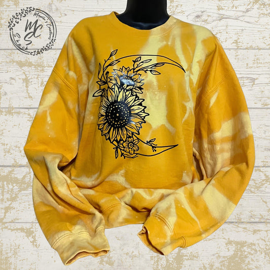 Moon and Sunflower bleached/distressed sweater sweatshirt, yellow top with black design.