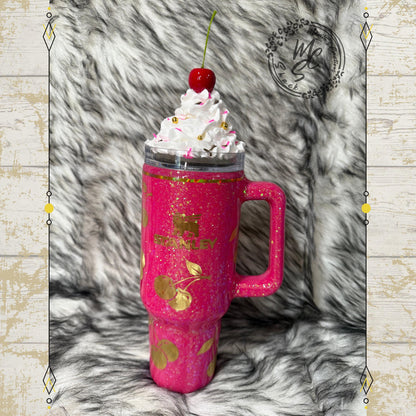 Cherry Tumbler with hot pink glitter background, Gold Cherries and whipped cream removable topper, personalized tumbler. Made to order cup.