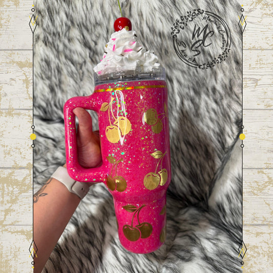 Cherry Tumbler with hot pink glitter background, Gold Cherries and whipped cream removable topper, personalized tumbler. Made to order cup.
