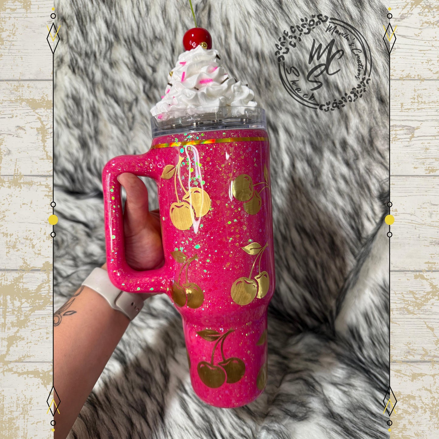 Cherry Tumbler with hot pink glitter background, Gold Cherries and whipped cream removable topper, personalized tumbler. Made to order cup.