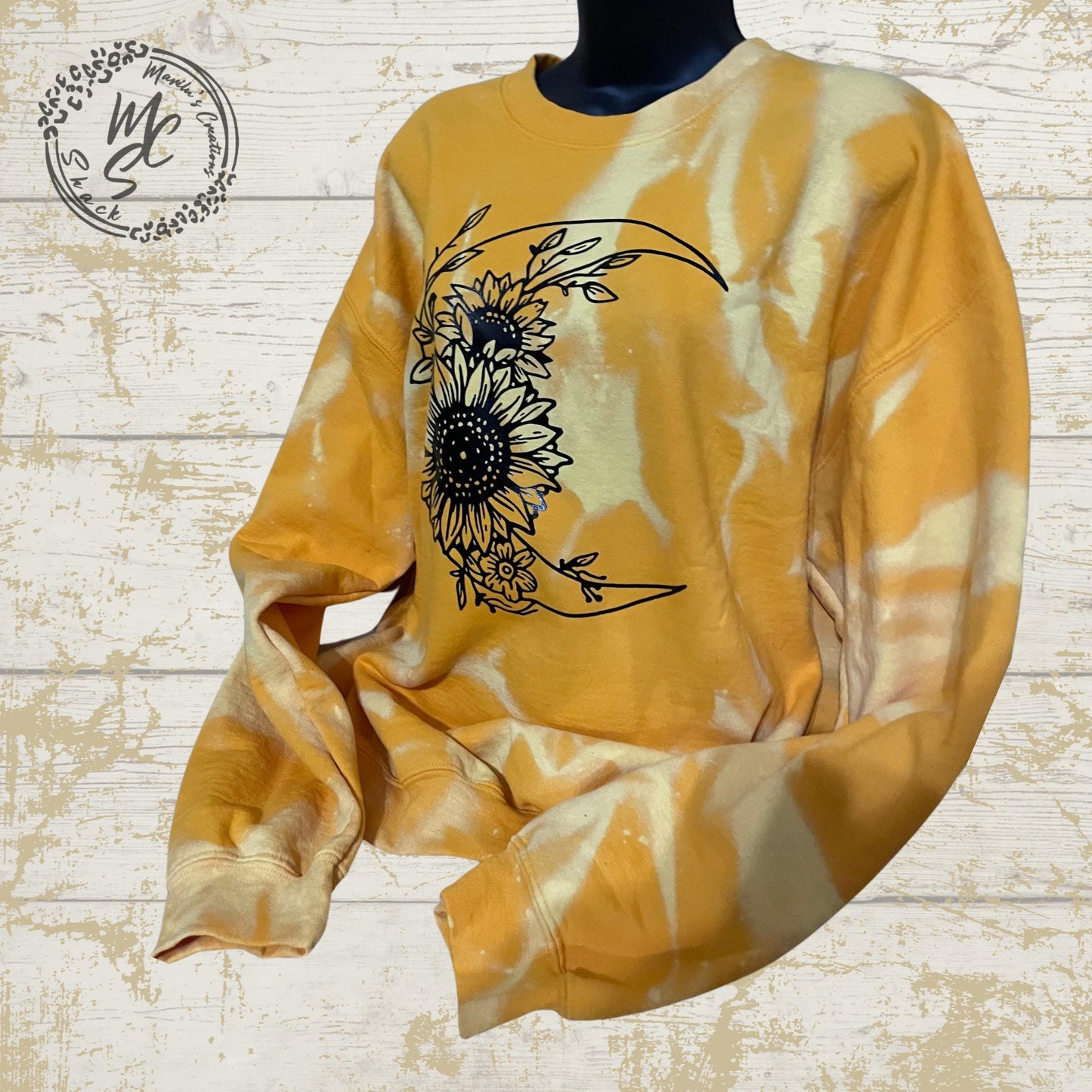 Moon and Sunflower bleached/distressed sweater sweatshirt, yellow top with black design.