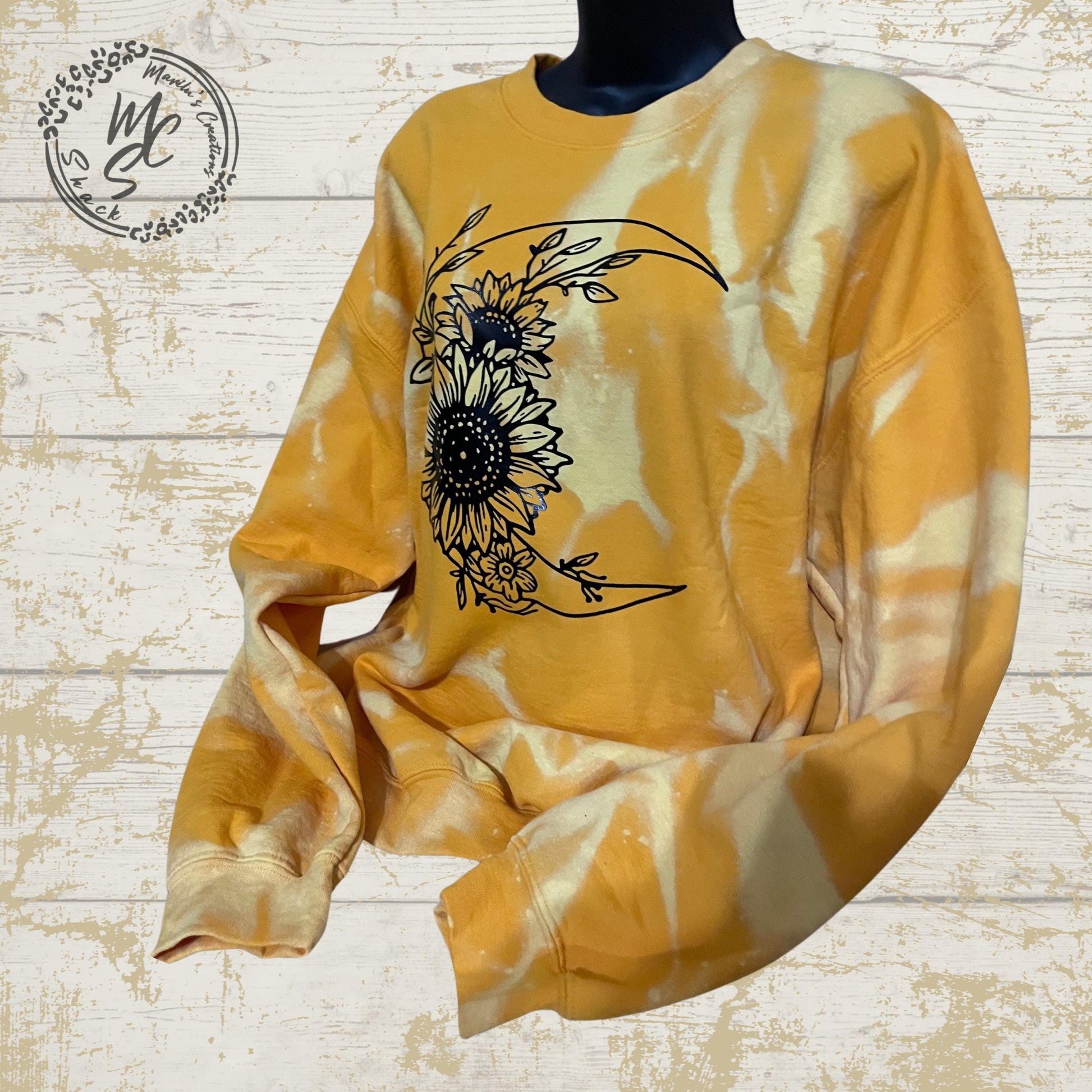 Moon and Sunflower bleached/distressed sweater sweatshirt, yellow top with black design.