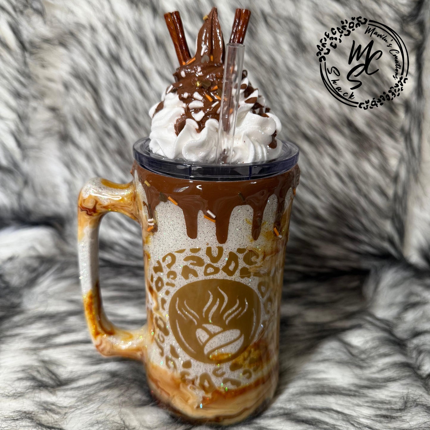 Caramel Mocha tumbler, customized personalized cup with realistic 3D whipped cream removable topper, caramel drizzle and 3d dripping.