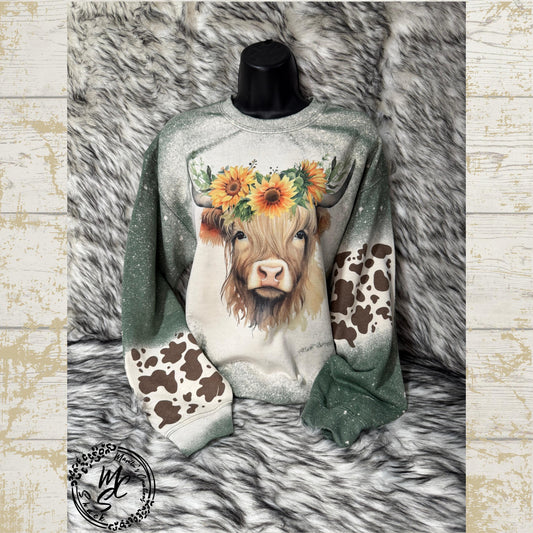 Boho Floral cow sweatshirt, Floral Western Highland Cow Sweater, Cute western crew neck shirt sweater with cow prints, cow and sunflowers.