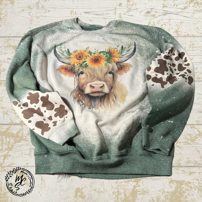 Boho Floral cow sweatshirt, Floral Western Highland Cow Sweater, Cute western crew neck shirt sweater with cow prints, cow and sunflowers.