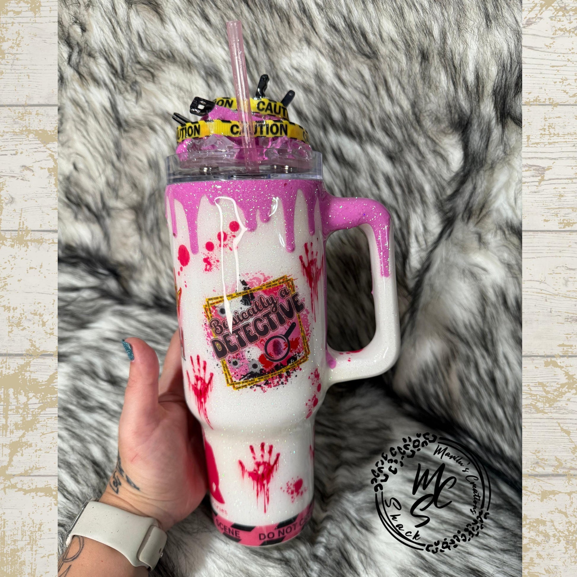 True Crime Pink Tumbler with knives and Caution yellow tape 3D removable topper, True Crime lovers theme, gift for her, Crime scene Tumbler.