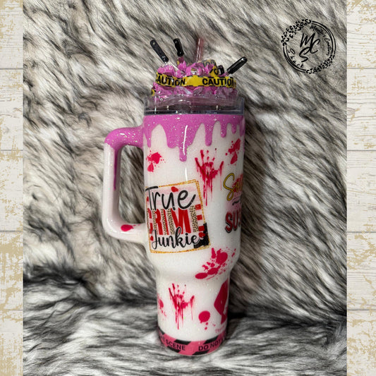 True Crime Pink Tumbler with knives and Caution yellow tape 3D removable topper, True Crime lovers theme, gift for her, Crime scene Tumbler.