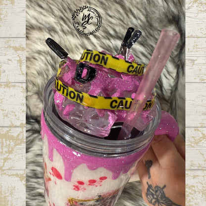 True Crime Tumbler: Pink Knives & Caution Tape 3D Topper