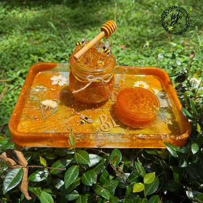 Honey Bee Resin Tray Set – Handmade with Dried Flowers & Gold Foil, Decorative Jar and Matching Accent Tray, Nature-Inspired Gift Set