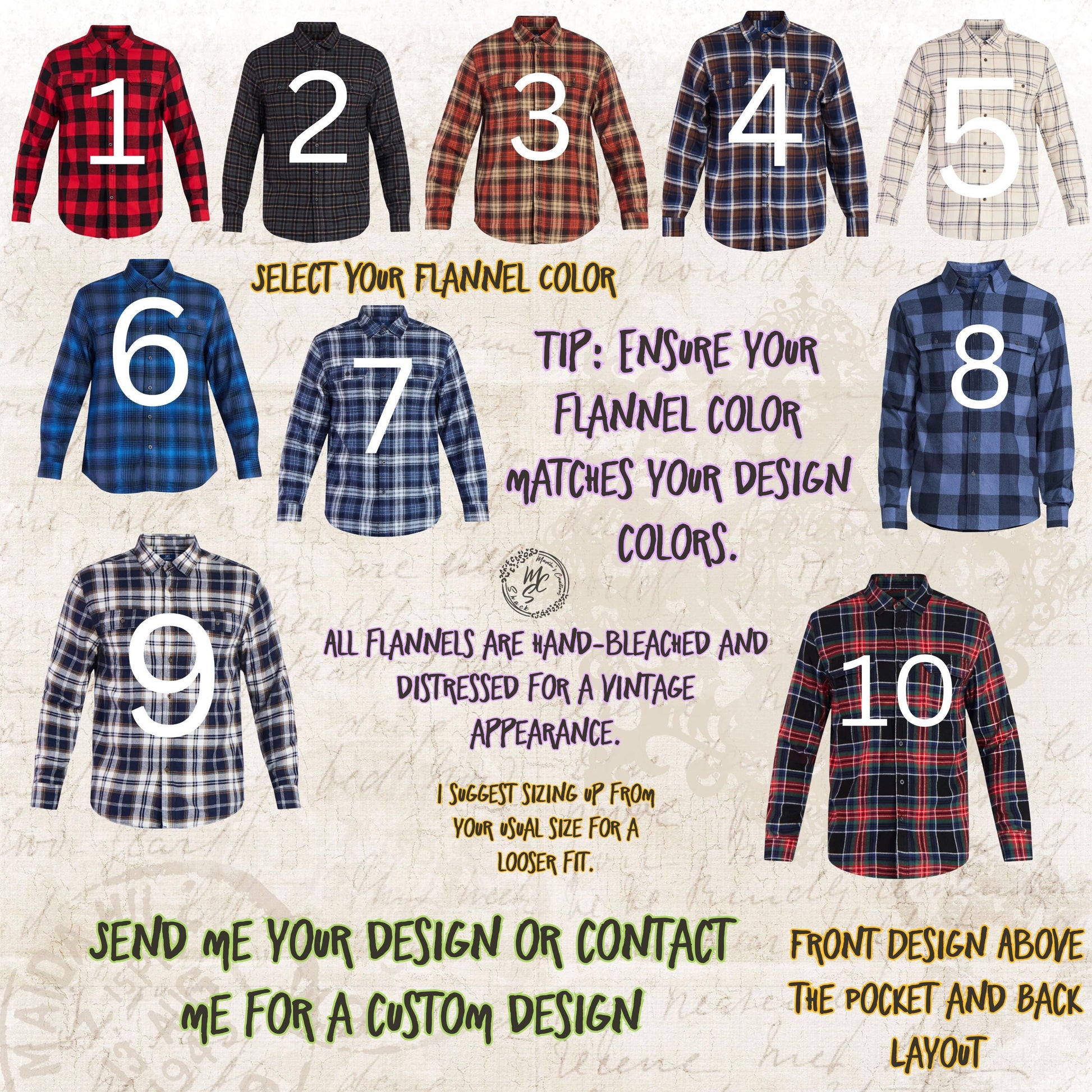 Flannels Bleached/Distressed/Vintage Custom (Choose your flannel size, color and send me the design) front pocket print and back print
