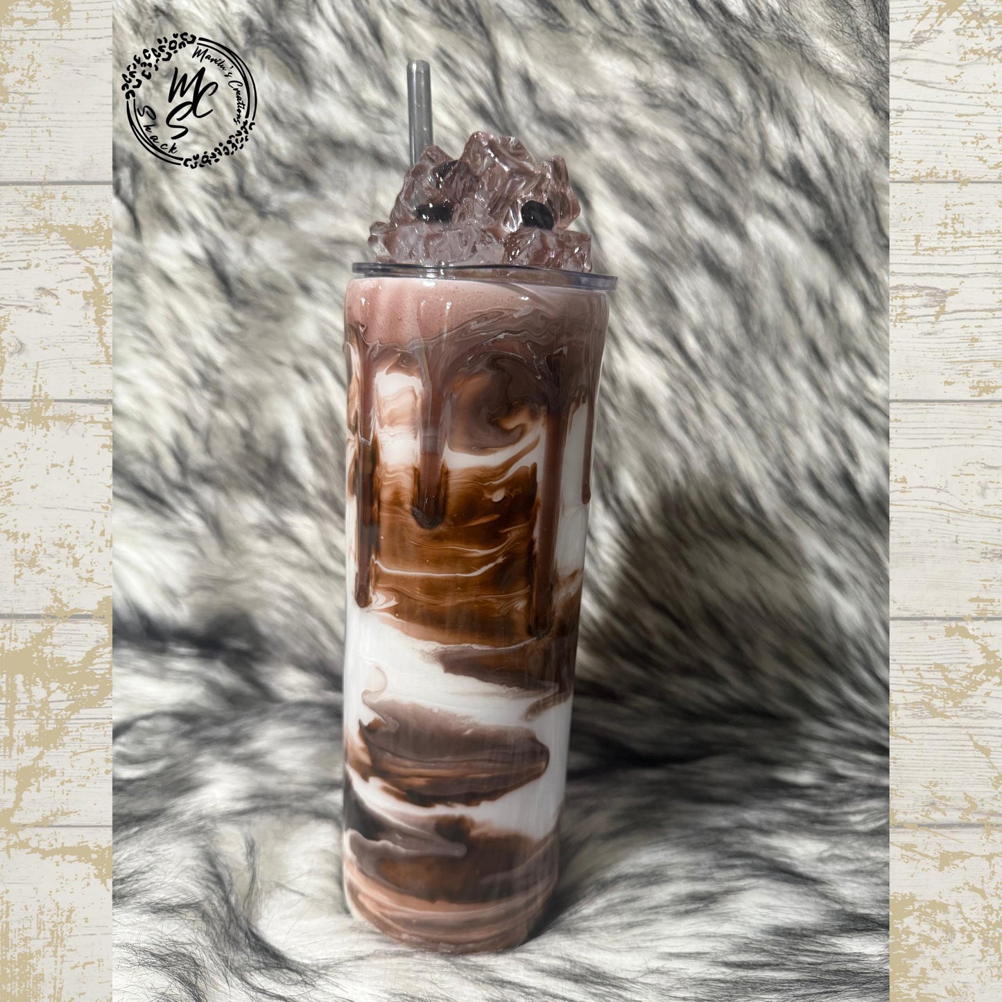 Iced Coffee tumbler with 3d ice and coffee beans removable topper, gift for ice coffee lovers, hot/cold beverages, 3d drizzle and dripping.