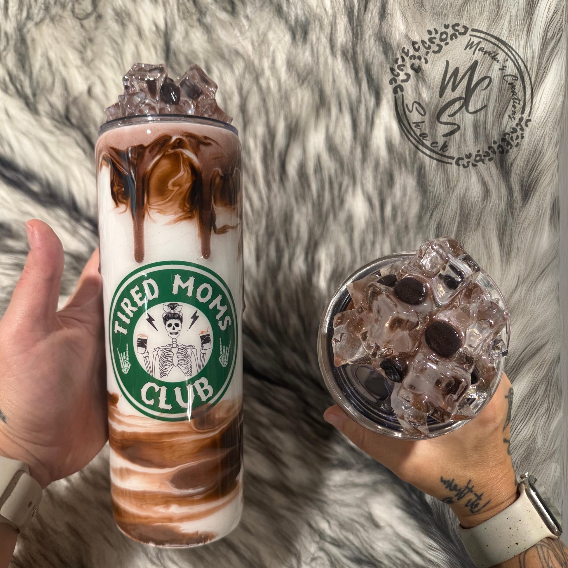 Iced Coffee tumbler with 3d ice and coffee beans removable topper, gift for ice coffee lovers, hot/cold beverages, 3d drizzle and dripping.