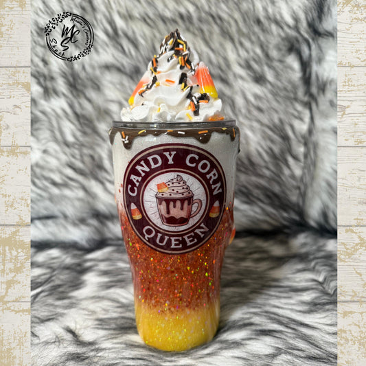Candy Corn Queen Glitter Tumbler – Handmade Halloween Cup | Optional 3D Topper | Custom Fall Drinkware