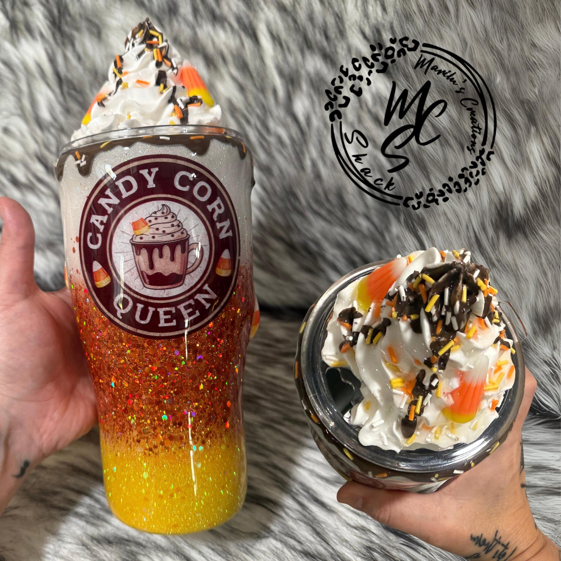 Candy Corn Queen Glitter Tumbler – Handmade Halloween Cup | Optional 3D Topper | Custom Fall Drinkware