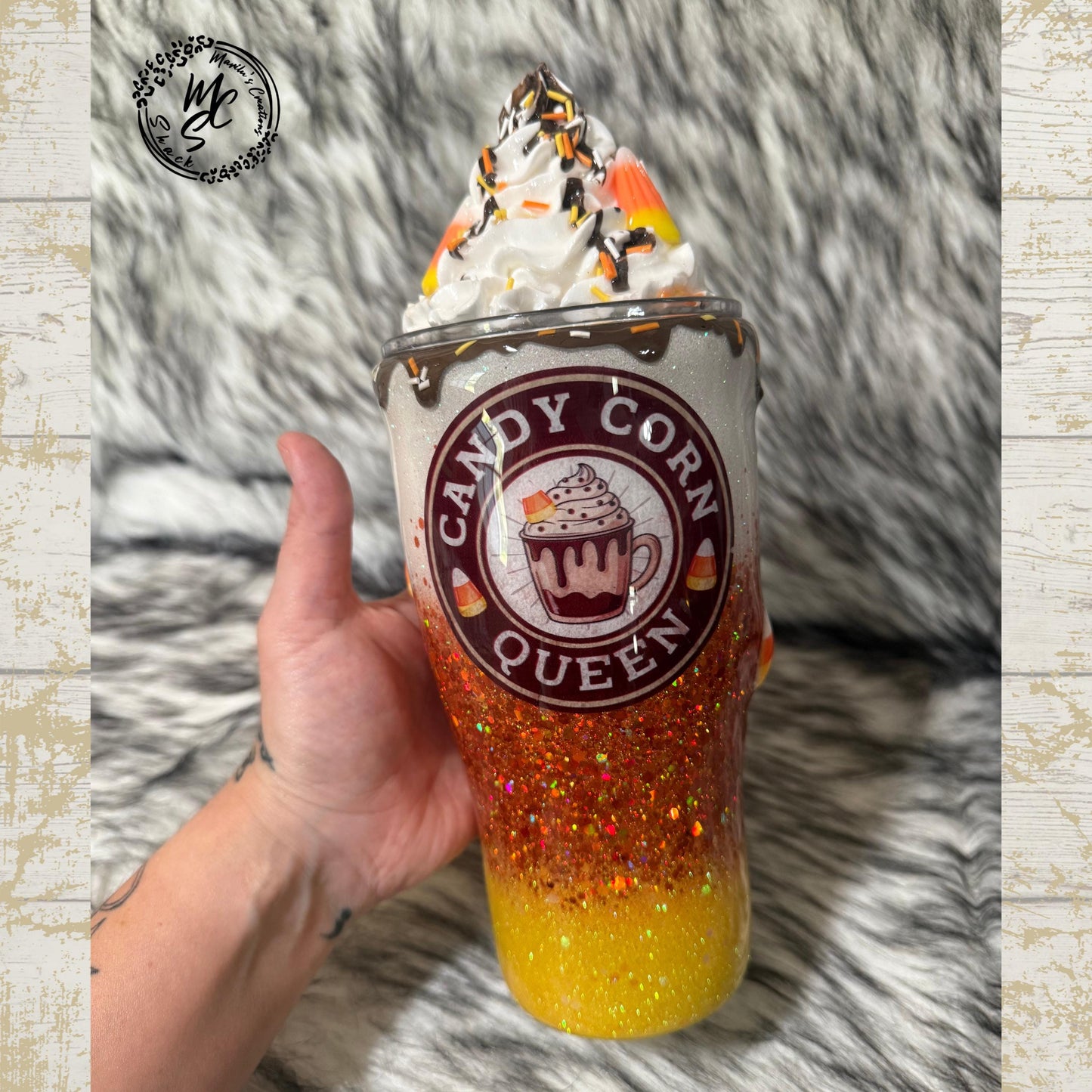 Candy Corn Queen Glitter Tumbler – Handmade Halloween Cup | Optional 3D Topper | Custom Fall Drinkware